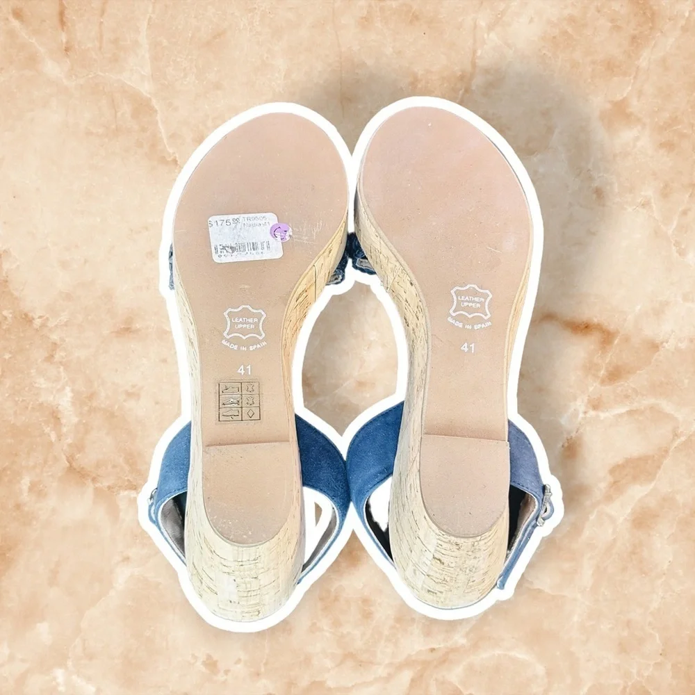 NWT Brenda Zaro Navy Blue Woven Leather ‘Nadia’ Cork Wedge Sandals Size 41